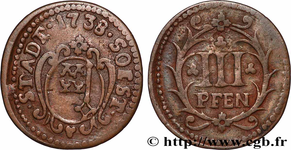 ALLEMAGNE - SOEST 3 Pfennig écu à la clef 1738 TTB