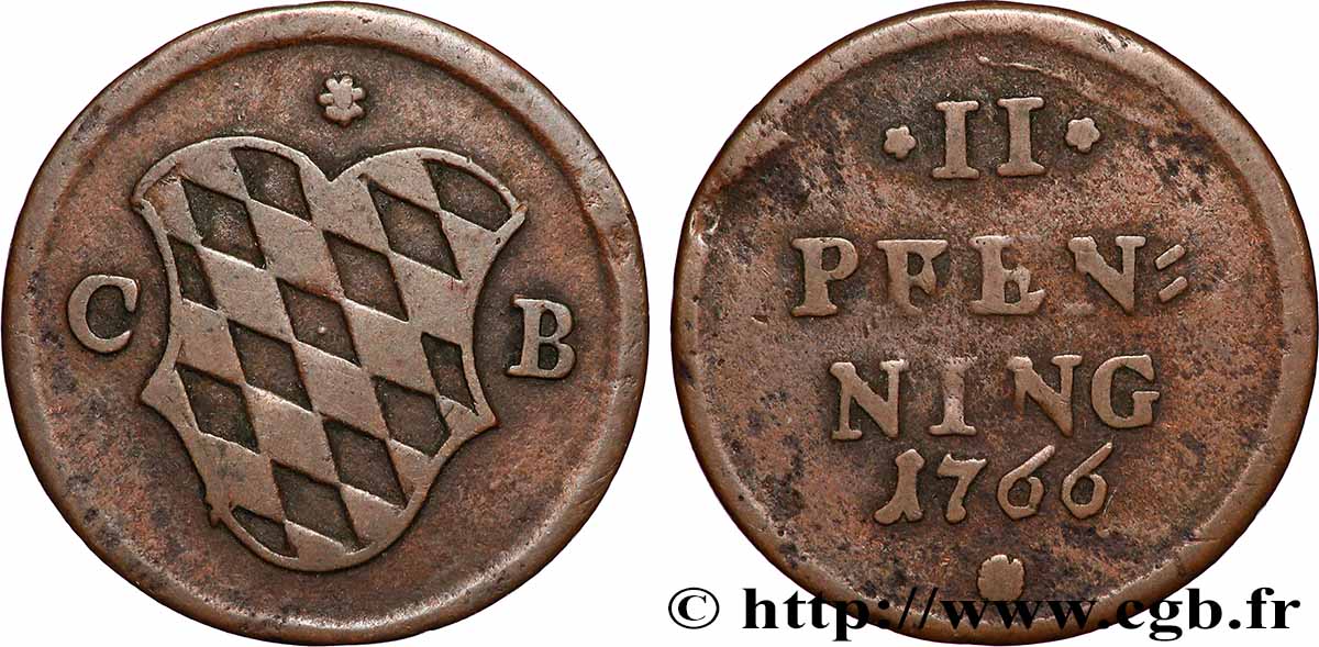 ALEMANIA - BAVIERA 2 Pfennig Maximilien III Joseph Électorat de Bavière 1766 Munich BC+