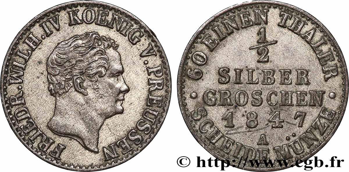GERMANY - PRUSSIA 1/2 Silbergroschen Royaume de Prusse Guillaume Ier 1847 Berlin AU