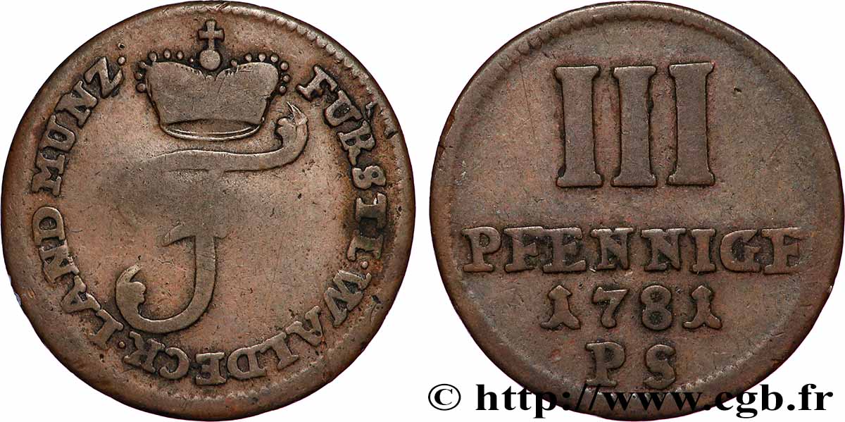 ALLEMAGNE - WALDECK-PYRMONT 3 Pfennig Frédéric-Charles-Auguste 1781 Berlin TB+