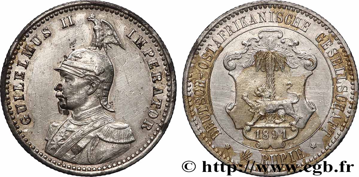 AFRIQUE ORIENTALE ALLEMANDE 1/4 Roupie Guillaume II 1891 Berlin TTB