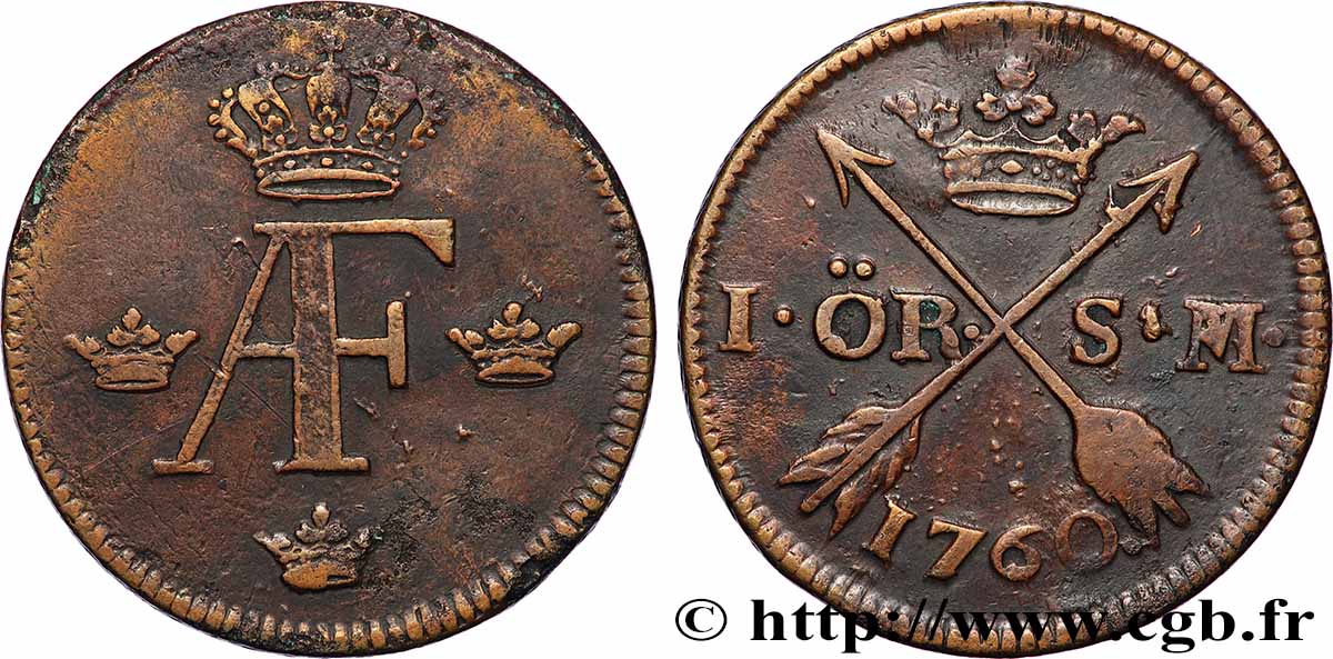 SUÈDE 1 Ore Adolphe Frédéric Ier 1760 TTB