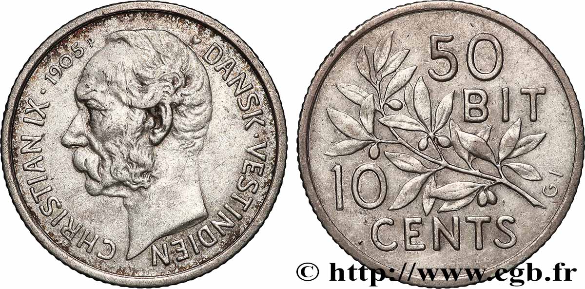 ANTILLES DANOISES (ÎLES VIERGES) 10 Cents (50 Bit) Christian X 1905 Copenhague TTB