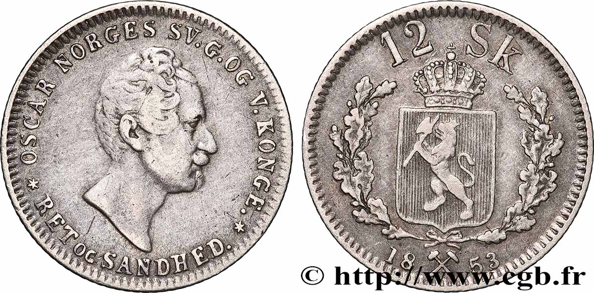 NORVÈGE 12 Skilling Oscar Ier roi de Norvège et Suède 1853 TTB