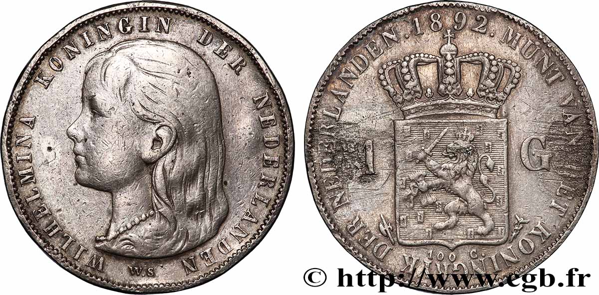 PAYS-BAS 1 Gulden Wilhelmina 1892 Utrecht TTB