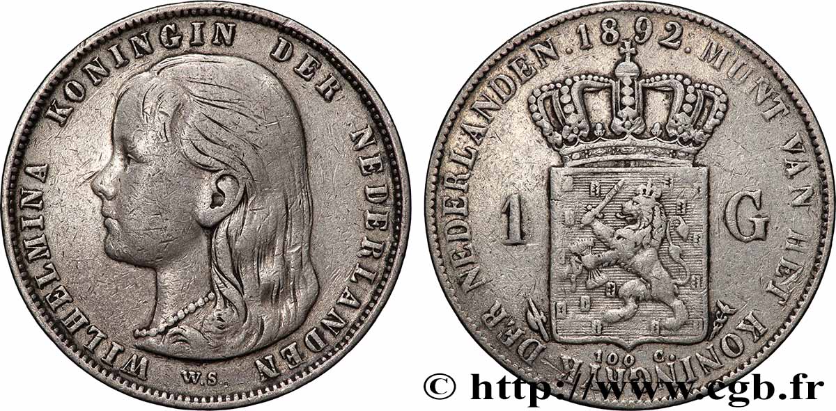 PAYS-BAS 1 Gulden Wilhelmina 1892 Utrecht TTB