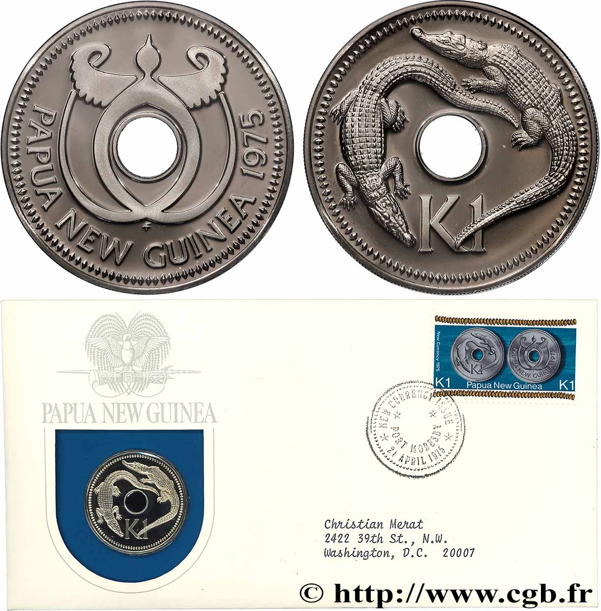 PAPOUASIE NOUVELLE GUINÉE 1 Kina Proof deux crocodiles de mer 1975 FDC