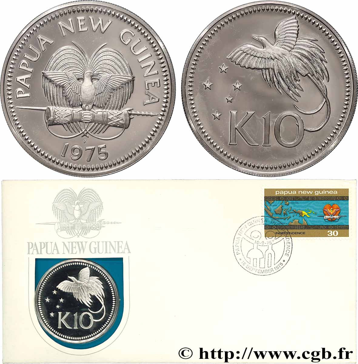 PAPOUASIE NOUVELLE GUINÉE 10 Kina Proof oiseau de paradis 1975 Franklin Mint FDC