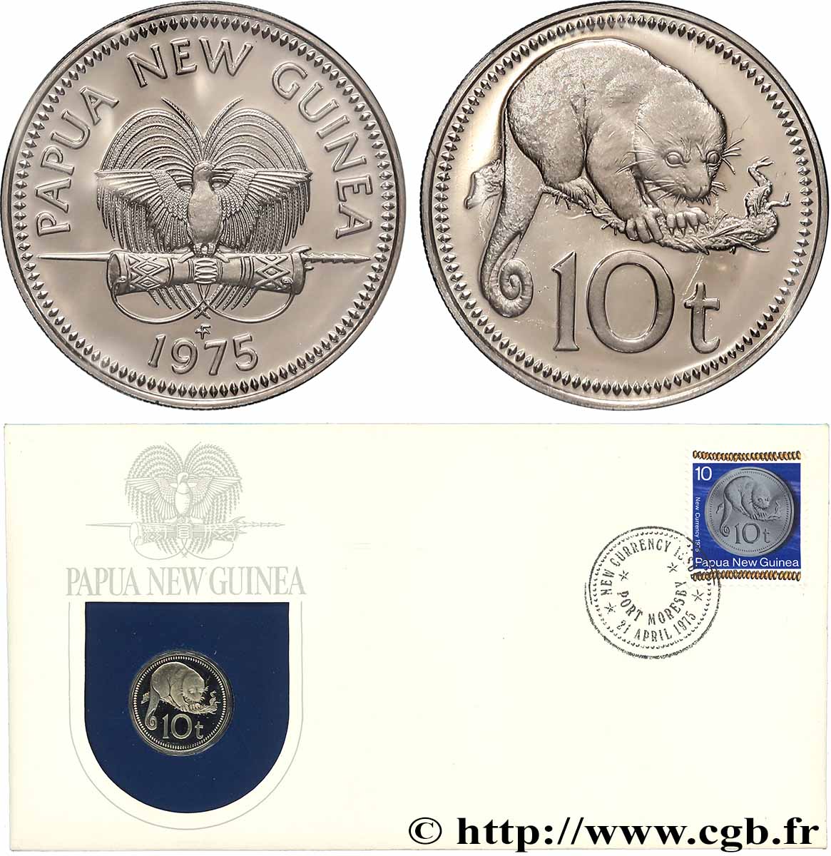 PAPUA NEW GUINEA 10 Toea Proof oiseau de paradis / cuscus 1975 MS