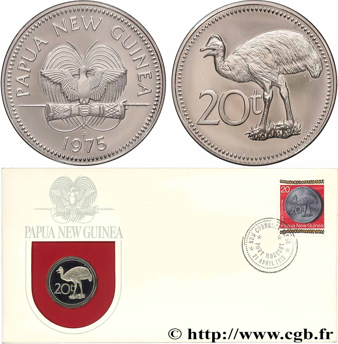 PAPOUASIE NOUVELLE GUINÉE 20 Toea Proof oiseau de paradis / cassowary de Bennett 1975 FDC