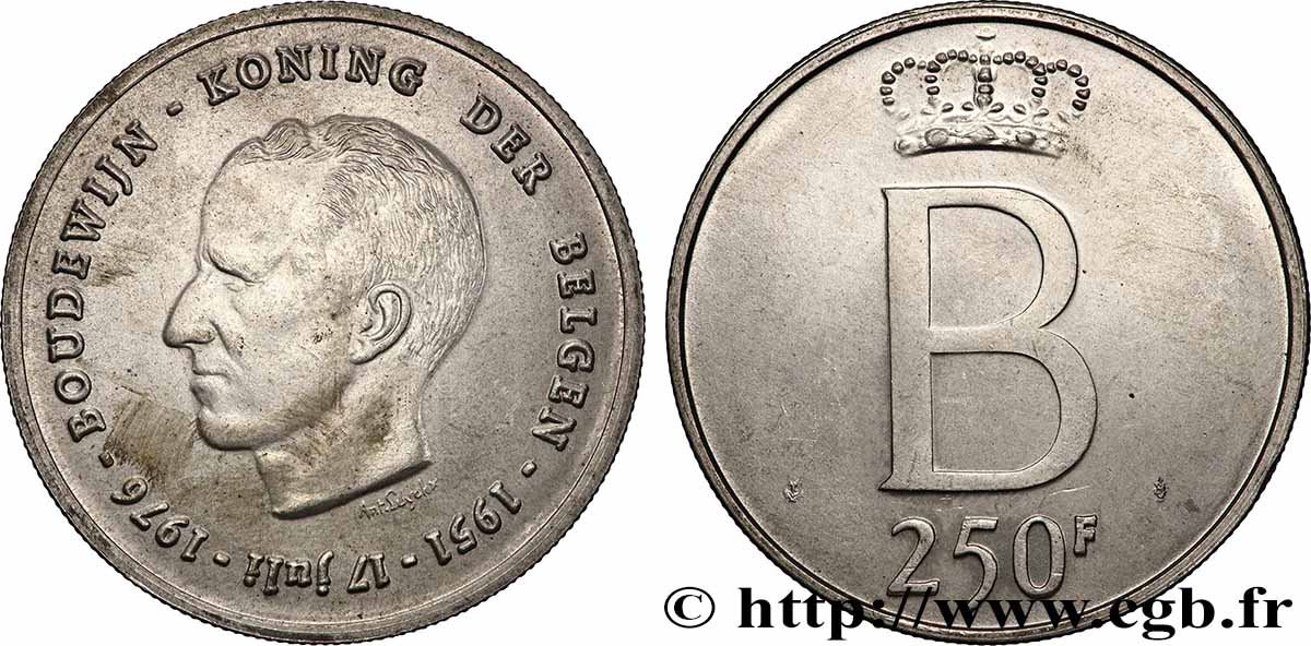 BELGIEN 250 Francs jubilé d’argent du roi Baudouin légende flamande 1976 Bruxelles fVZ
