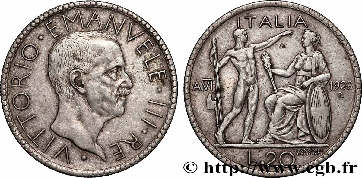 ITALY - KINGDOM OF ITALY - VICTOR-EMMANUEL III 20 Lire au licteur 1928 Rome AU