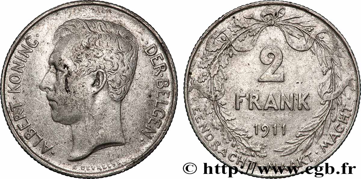 BELGIEN 2 Frank (Francs) Albert légende flamande 1911 Bruxelles SS