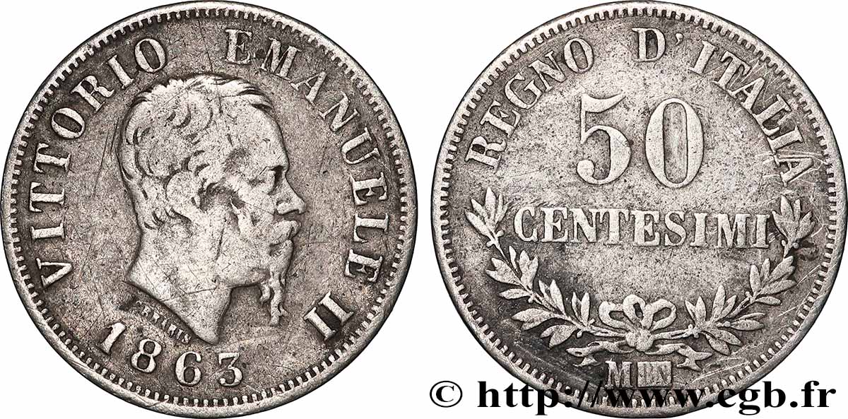 ITALIE 50 Centesimi Victor Emmanuel II 1863 Milan TB+