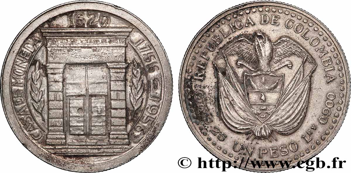 KOLUMBIEN 1 Peso 200e anniversaire atelier monétaire de Popayan 1956 Mexico fVZ