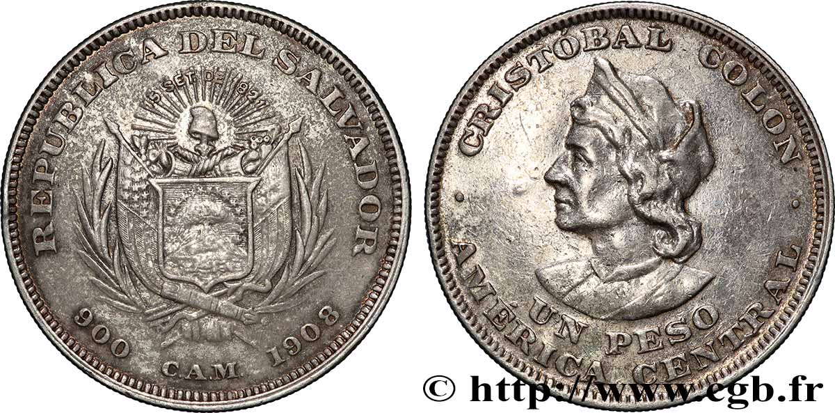 EL SALVADOR 1 Peso Christophe Colomb 1908 Bruxelles SS
