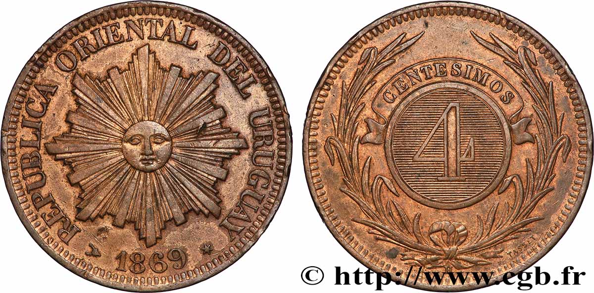 URUGUAY 4 Centesimos 1869 Paris MBC