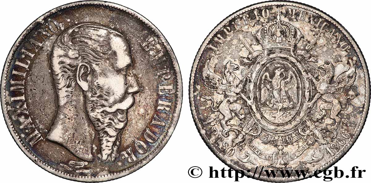 MEXIQUE - MAXIMILIEN Ier 1 Peso Empereur 1866 Mexico fSS