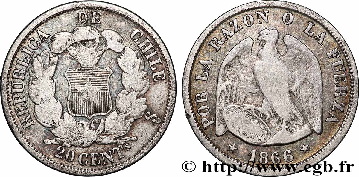 CHILE 20 Centavos Condor 1866 Santiago VF