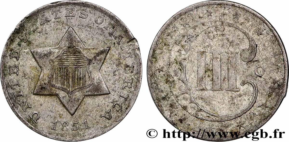 ÉTATS-UNIS D AMÉRIQUE 3 Cents 1851 Philadelphie TB+