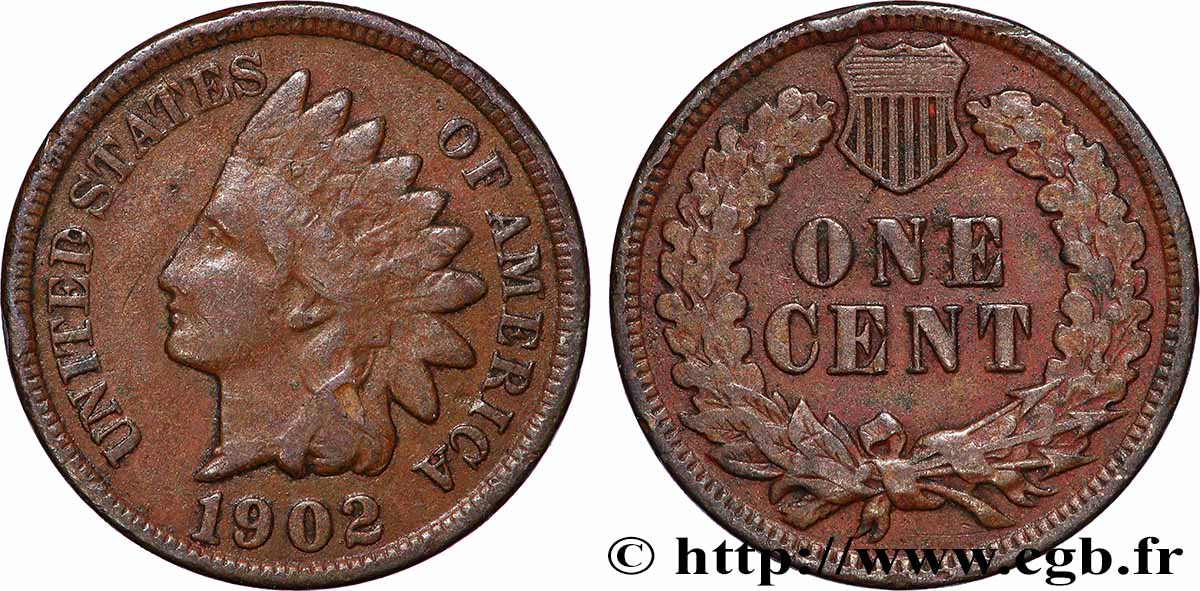 UNITED STATES OF AMERICA 1 Cent tête d’indien, 3e type 1902 Philadelphie VF