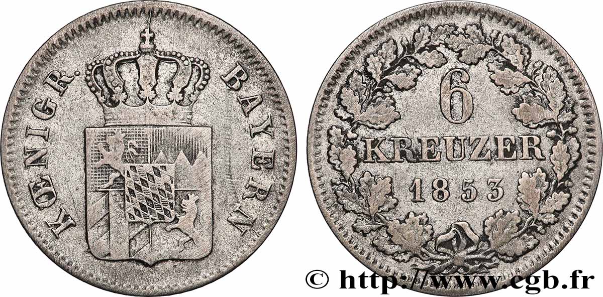 GERMANIA - BAVIERIA 6 Kreuzer écu bavarois 1853 Munich q.BB