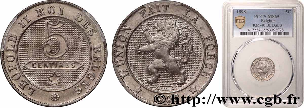BELGIUM 5 Centimes Lion légende française 1898 MS65 PCGS