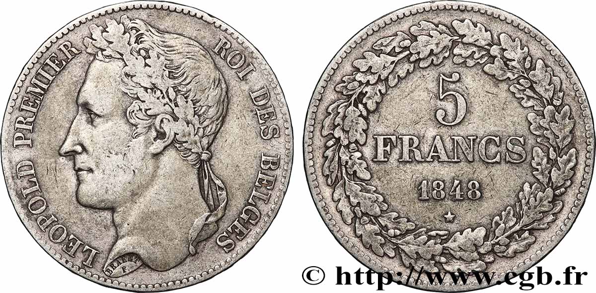 ARGENT D INVESTISSEMENT 5 Francs Léopold Ier tête laurée 1848 TTB