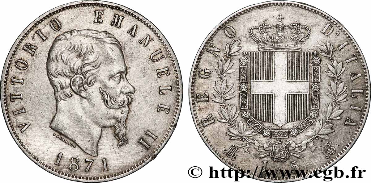 ARGENT D INVESTISSEMENT 5 Lire Victor Emmanuel II 1871 Milan TTB+