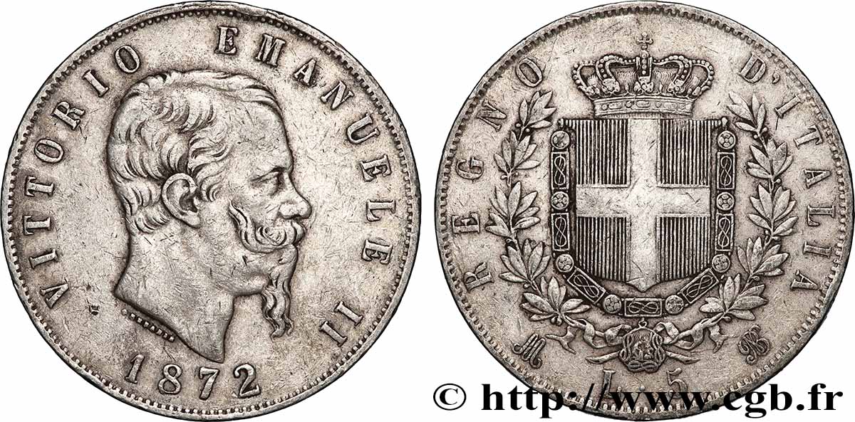 ARGENT D INVESTISSEMENT 5 Lire Victor Emmanuel II 1872 Milan TTB