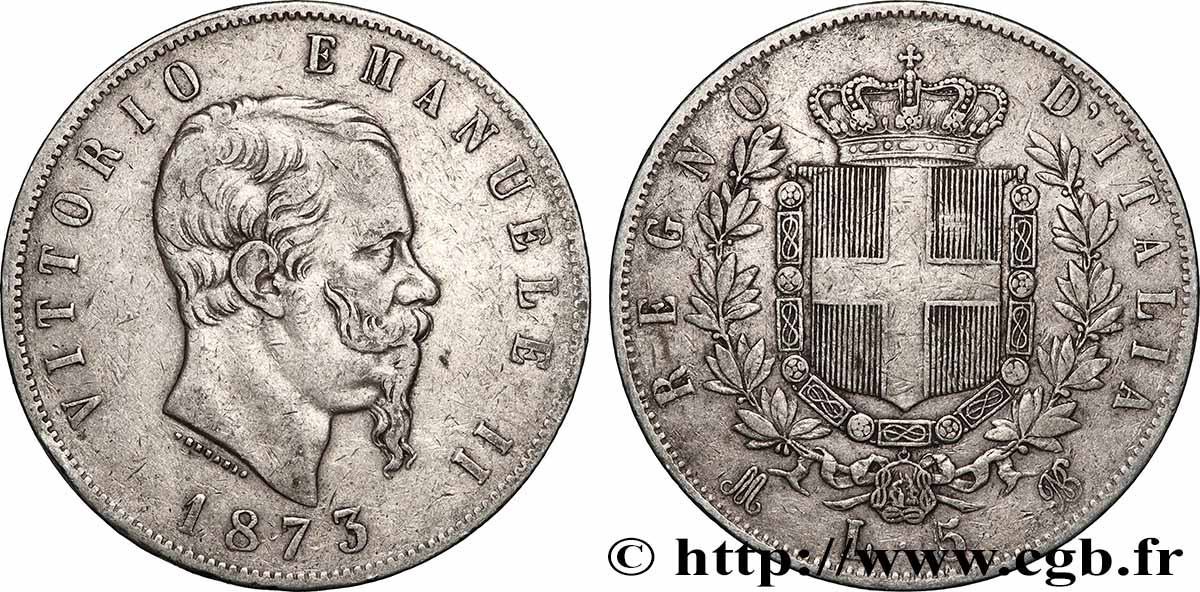 ARGENT D INVESTISSEMENT 5 Lire Victor Emmanuel II 1873 Milan TTB