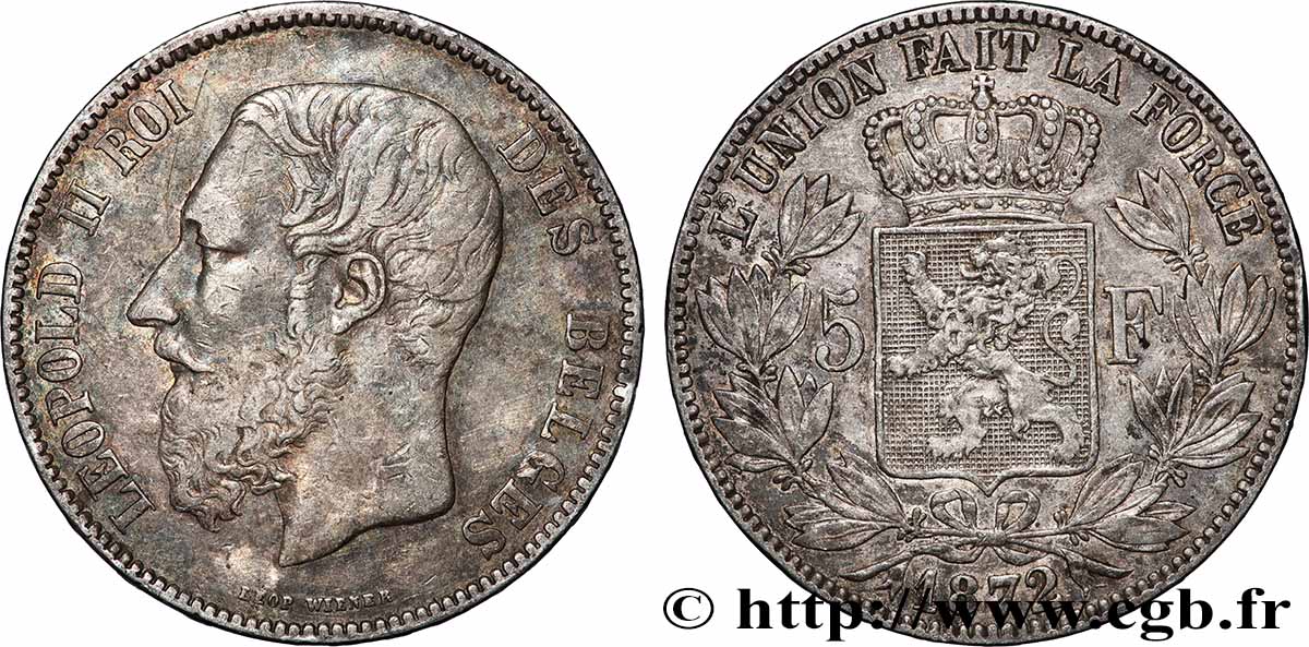 ARGENT D INVESTISSEMENT 5 Francs 1872 Bruxelles TTB
