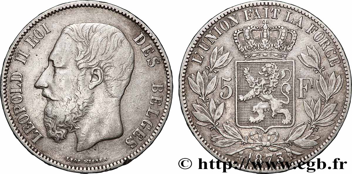 ARGENT D INVESTISSEMENT 5 Francs 1873 Bruxelles TTB
