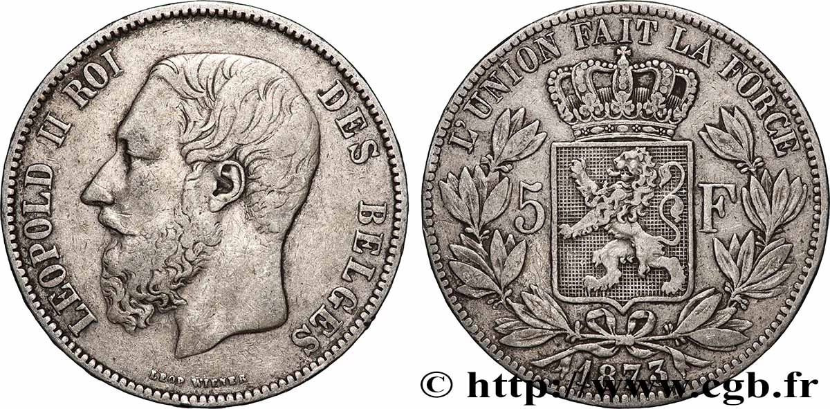 ARGENT D INVESTISSEMENT 5 Francs 1873 Bruxelles TTB