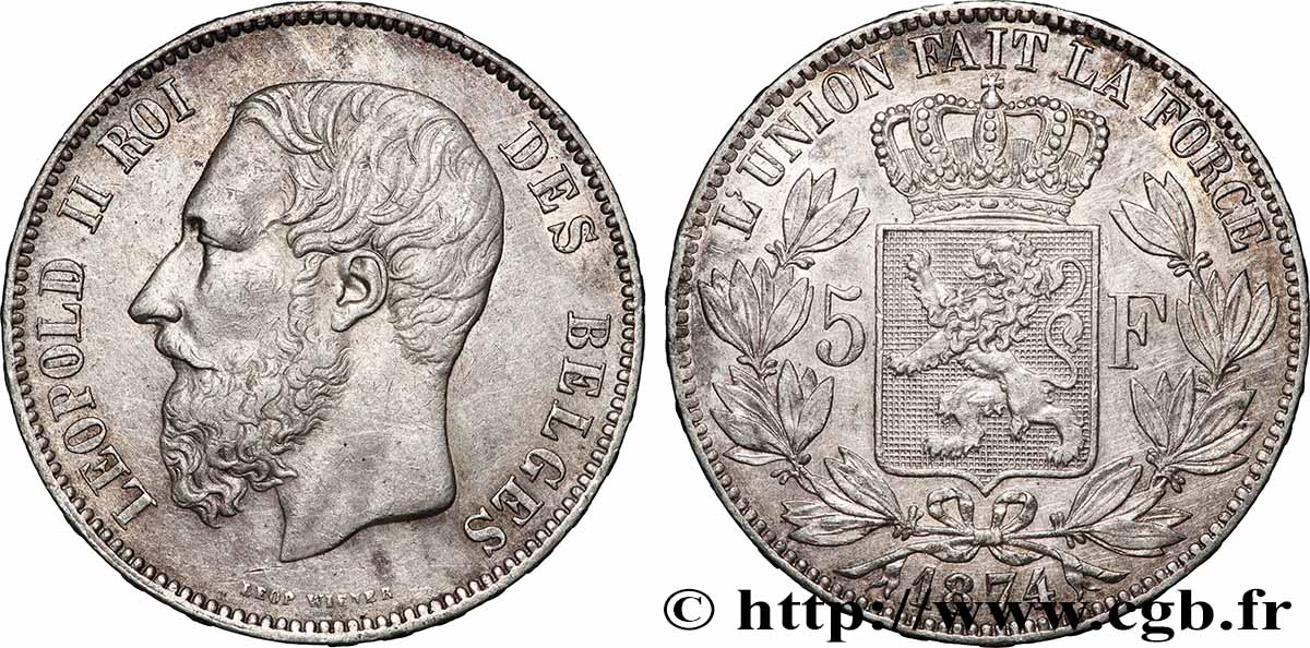 ARGENT D INVESTISSEMENT 5 Francs Léopold II 1874 Bruxelles TTB+