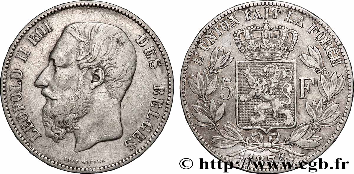 ARGENT D INVESTISSEMENT 5 Francs 1875 Bruxelles TTB