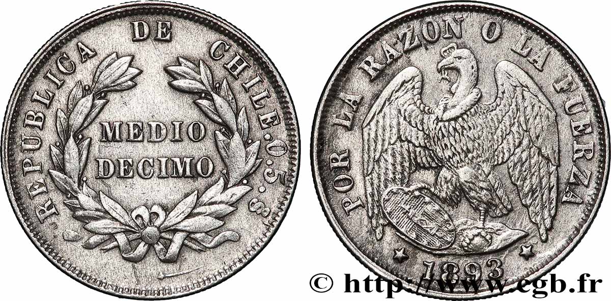 CHILI 1/2 (medio) Decimo condor 1893 Santiago TTB