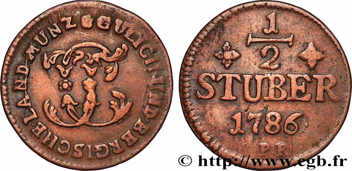 ALLEMAGNE - JULIERS-BERG 1/2 Stuber Duché de Jülich-Berg monogramme de Carl Théodore de Bavière 1786 Düsseldorf TB+