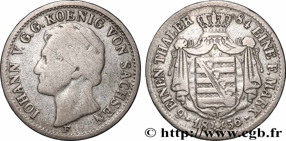 GERMANY - SAXONY 1/6 Thaler Jean / blason 1856 Dresde VF