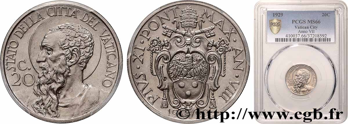 VATICAN AND PAPAL STATES 20 Centesimi frappe au nom de Pie XI an VIII / Saint Paul 1929 Rome MS66 PCGS