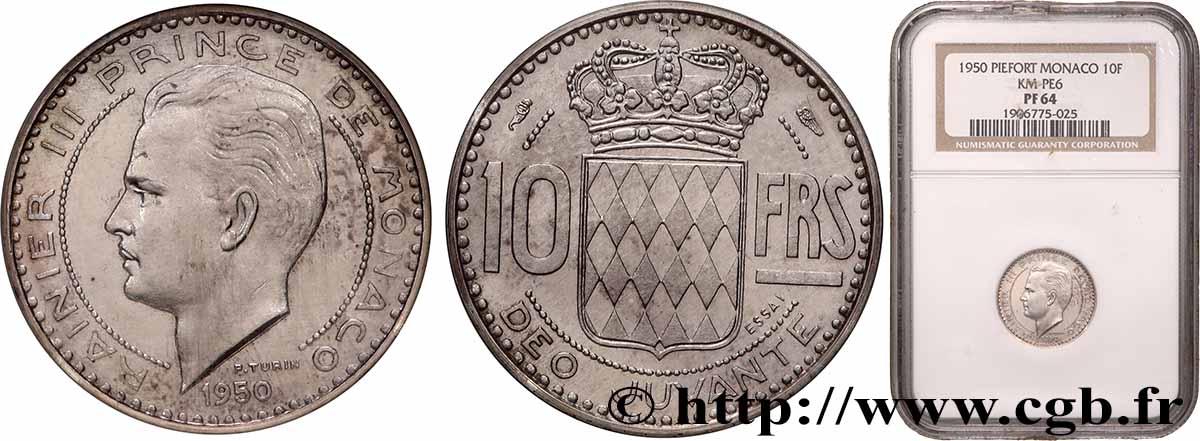 MONACO - PRINCIPALITY OF MONACO - RAINIER III Essai Piéfort de 10 Francs argent 1950 Paris MS64 NGC