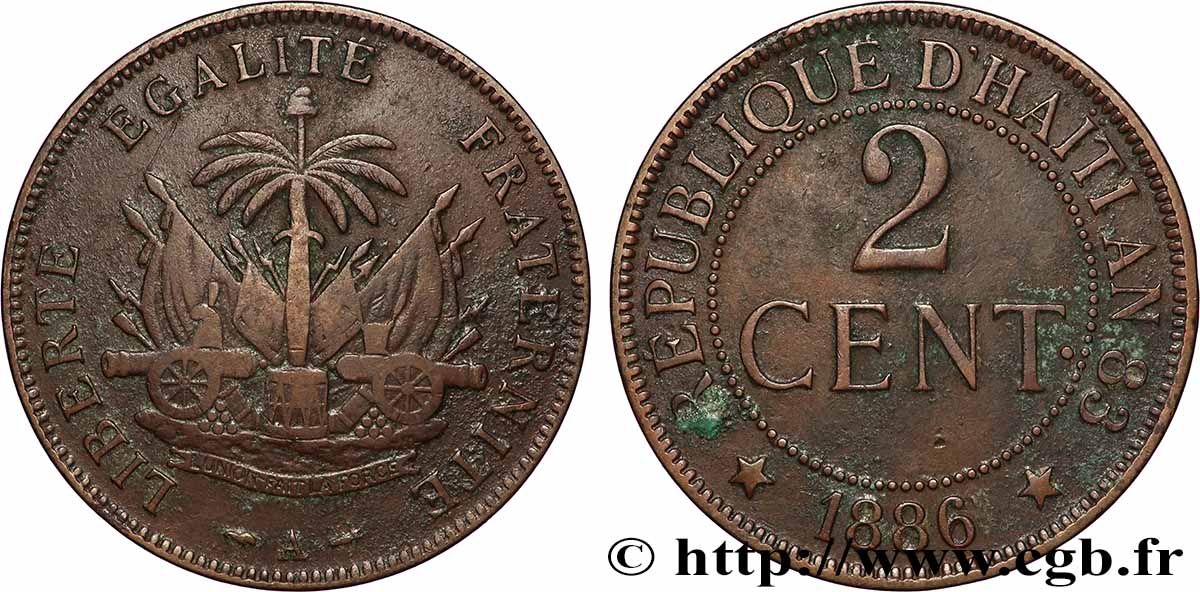 HAITI 2 Centimes emblème 1886 Paris fSS