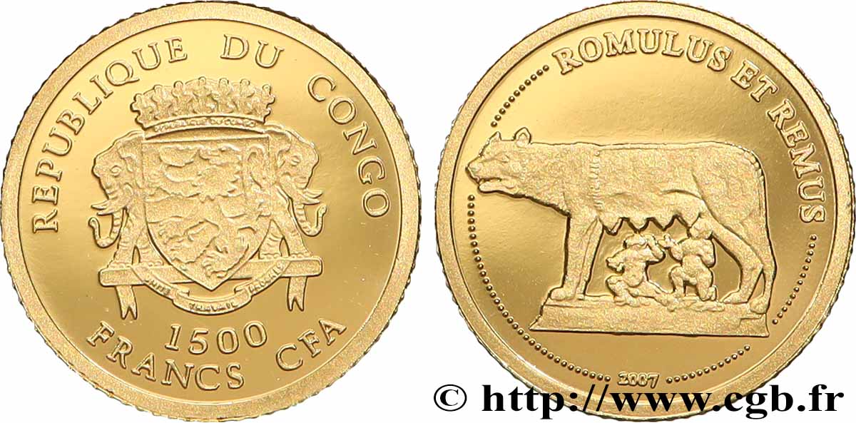 CONGO REPUBLIC 1500 Francs CFA Proof Romulus et Remus 2007 MS
