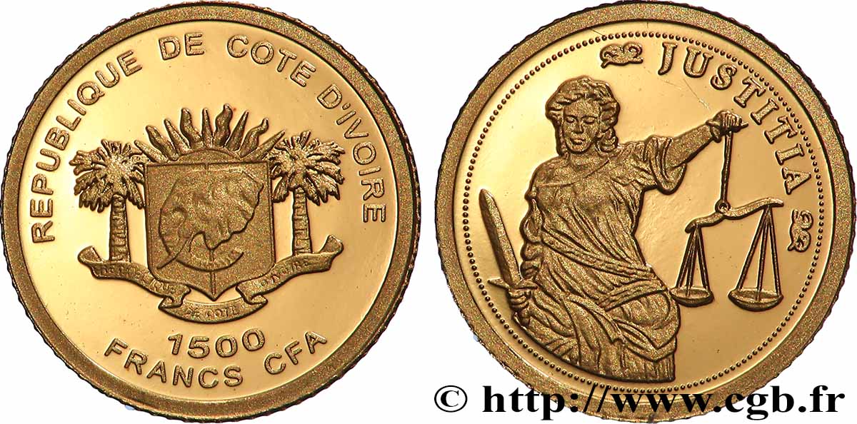 IVORY COAST 1500 Francs CFA Proof Justitia 2007 MS