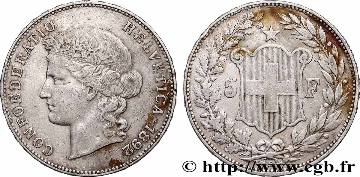 SUISSE 5 Francs Helvetia 1892 Berne TTB