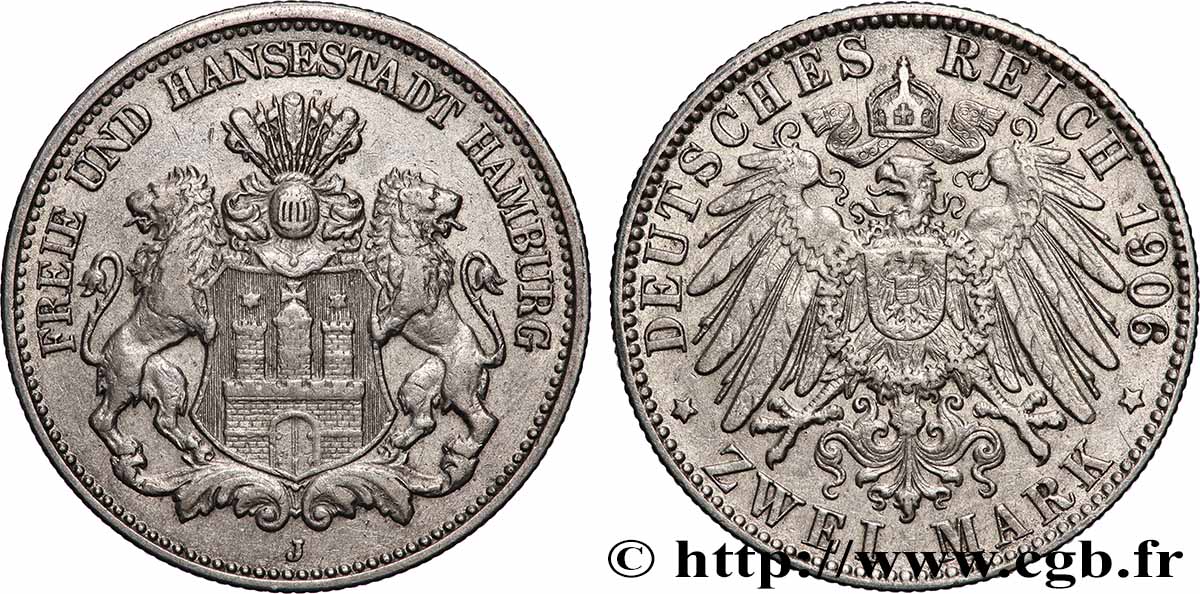 ALLEMAGNE - VILLE LIBRE DE HAMBOURG 2 Mark blason de Hambourg 1906 Hambourg TTB