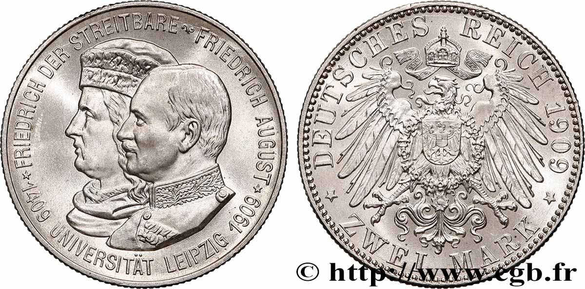 DEUTSCHLAND - SACHSEN 2 Mark 500e anniversaire de l université de Leipzig 1909 Muldenhütten fST