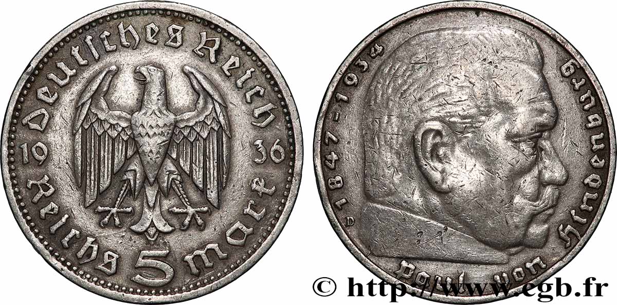 DEUTSCHLAND 5 Reichsmark Maréchal Paul von Hindenburg 1936 Munich SS
