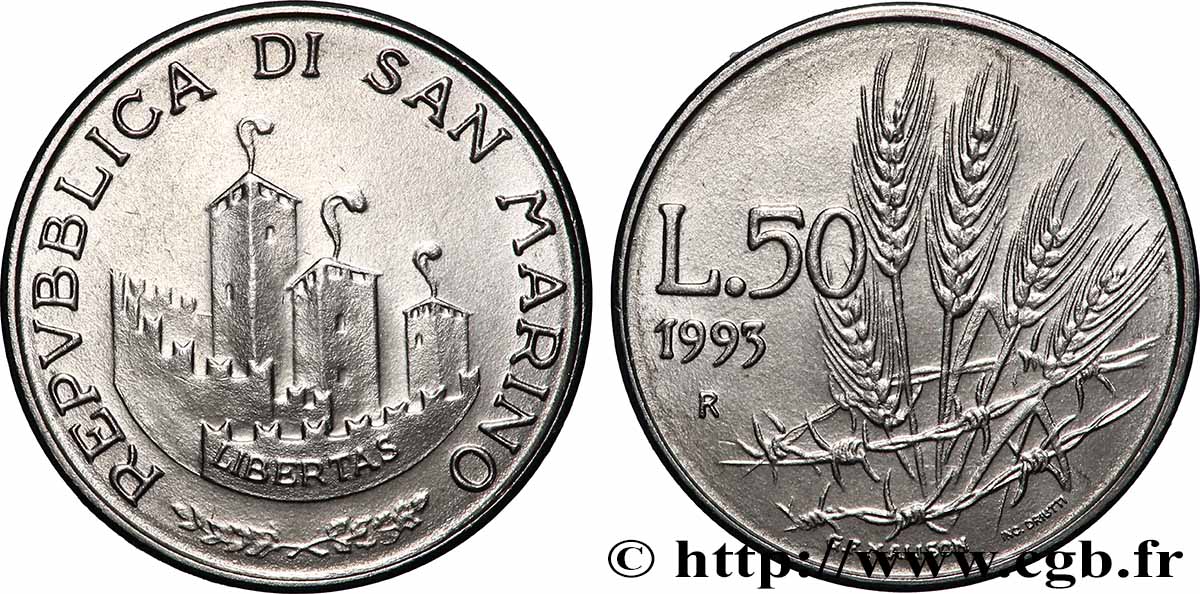 SAINT-MARIN 50 Lire vue des 3 chateaux / épis de blé 1993 Rome - R SPL