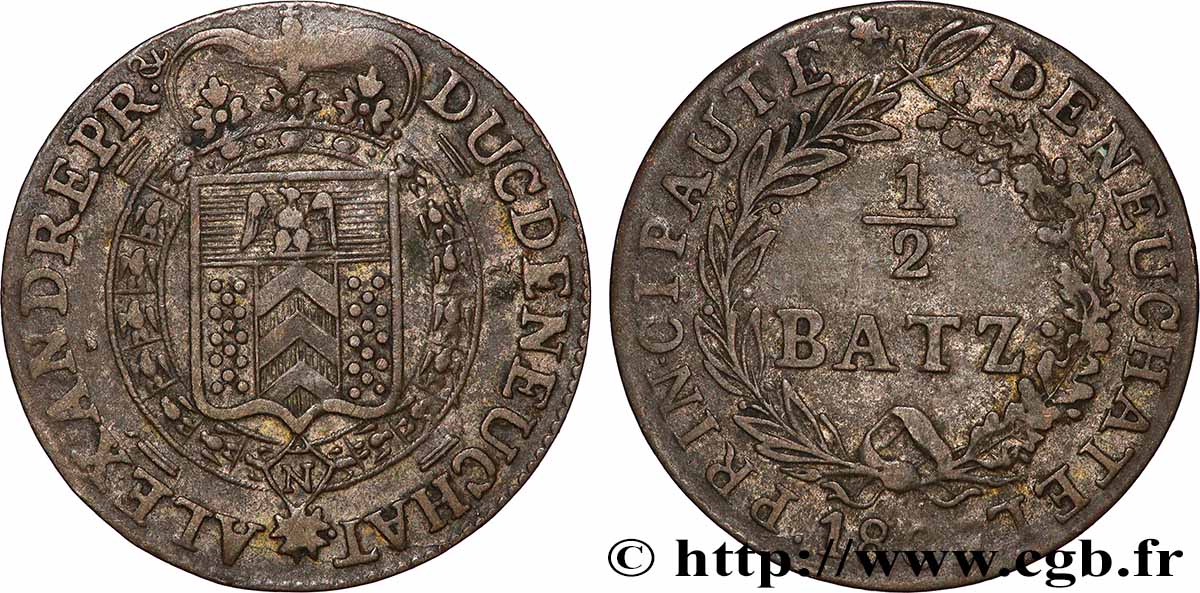 SUIZA - PRINCIPADO DE NEUCHÂTEL - ALEXANDRE BERTHIER 1/2 Batzen - Principauté de Neuchatel 1809 BC+